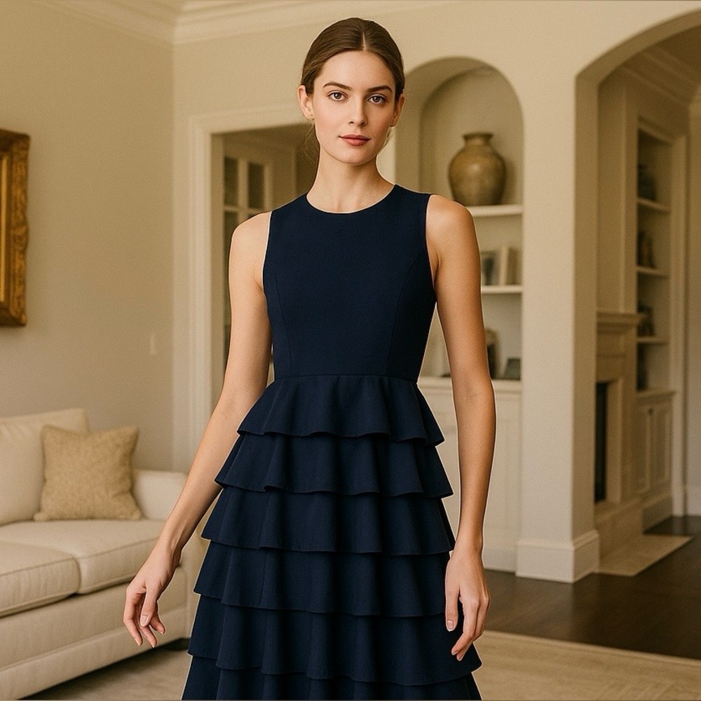 Orla Kiely Tiered Ruffle Dress | Dark Navy |Sleeveless Size 4